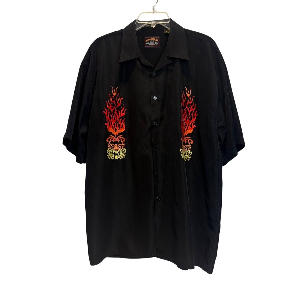 No Contest VTG Mens Black Button Up Dragon Camp Shirt‎ Flames Embroidery Large